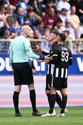 AJ Auxerre v Angers SCO - Ligue 1 McDonald s 2025 2026 15 Pierrick CAPELLE (sco) - Eric WATTELLIER (ARBITRE) during the Ligue 1 McDonald s match between Auxerre and Angers at Stade Abbe Deschamps on May 3, 2026 in Auxerre, France. Auxerre France  Copyright: xFEPx 776348374