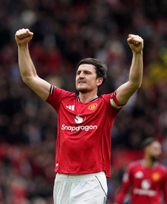 Manchester, England, 3rd May 2026. A Jubilant Harry Maguire of Manchester United, ManU celebrates the win during the Manchester United vs Liverpool Premier League match at Old Trafford, Manchester. Picture credit should read: Andrew Yates Sportimage EDITORIAL USE ONLY. No use with unauthorised audio, video, data, fixture lists, club league logos or live services. Online in-match use limited to 120 images, no video emulation. No use in betting, games or single club league player publications. SPI_114_AY_MAN_UTD_LIVERPOOL SPI-4776-0113