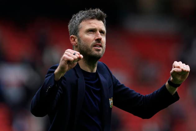 Manchester United, ManU v Liverpool, Premier League Michael Carrick the Manchester United head coach celebrates the 3-2 victory at the end of the Premier League match between Manchester United and Liverpool at Old Trafford, Manchester, UK on 3 May 2026. Manchester Old Trafford Greater Manchester UK Editorial use only DataCo restrictions apply See www.football-dataco.com , Copyright: xConorxMolloyx PSI-24192-0084
