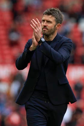 Manchester United, ManU v Liverpool, Premier League Michael Carrick the Manchester United head coach celebrates the 3-2 victory at the end of the Premier League match between Manchester United and Liverpool at Old Trafford, Manchester, UK on 3 May 2026. Manchester Old Trafford Greater Manchester UK Editorial use only DataCo restrictions apply See www.football-dataco.com , Copyright: xConorxMolloyx PSI-24192-0089