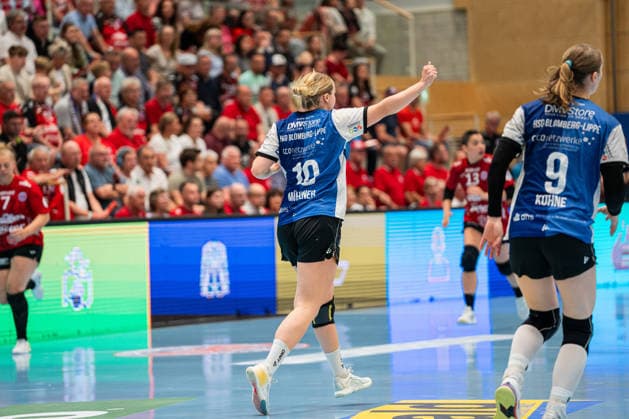 HSG Blomberg-Lippe (GER) vs. Thueringer HC (GER), Handball, 1. Handball Bundesliga Frauen, Halbfinale, Spiel 2, 3.5.2026, Saision 2025 2026, Bad Langensalza Maxi Muehlner (HSG Blomberg-Lippe, 10) jubelt nach einem Tor Bad Langensalza Salza-Halle Deutschland