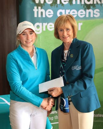 REPRO FREE *PRESS RELEASE NO REPRODUCTION FEE* EDITORIAL USE ONLY Flogas Irish Girl s Amateur Open, Corrstown Golf Club, Dublin, 3 5 2026 Hannah Lee McNamara with Fiona Delargy Golf Ireland President Hannah Lee McNamara with Fiona Delargy 3 5 2026  Copyright: x INPHO BryanxKeanex BK1_4579 copy