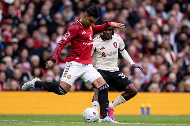 Casemiro of Manchester United, ManU (L) and Jeremie Frimpong of Liverpool during the Premier League 2025-26 football match between Manchester United and Liverpool at Old Trafford, Manchester, England (Photo by Will Palmer Sports Press Photo) Copyright: xWillxPalmer SportsxPressxPhotox Sportspressphoto_SPR141136