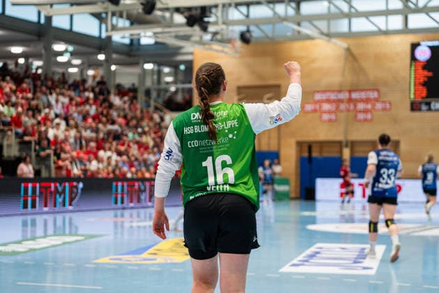 HSG Blomberg-Lippe (GER) vs. Thueringer HC (GER), Handball, 1. Handball Bundesliga Frauen, Halbfinale, Spiel 2, 3.5.2026, Saision 2025 2026, Bad Langensalza Melanie Veith (HSG Blomberg-Lippe, 16) jubelt nach einer Parade Bad Langensalza Salza-Halle Deutschland