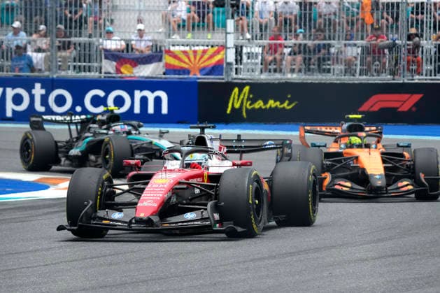 Monaco s Ferrari driver Charles Leclerc leads McLaren driver Lando Norris of Britain and Mercedes-AMG Petronas driver Kimi Antonelli of Italy during the Formula One Miami Grand Prix at the Miami International Autodrome in Miami Gardens, Florida on Sunday, May 3, 2026.  MIA20260503908 GREGxNASH