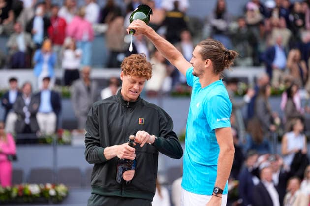 May 3, 2026, Madrid, Madrid, Spain: Jannik Sinner of Italy (winner) and Alexander Zverev of Germany (second place) celebrate after the Men s Singles Final of Mutua Madrid Open 2026 at La Caja Magica on May 03, 2026 in Madrid, Spain. Mutua Madrid Open 2026 - Day 14  - ZUMAa181 20260503_zaa_a181_267 Copyright: xOscarxJ.xBarrosox
