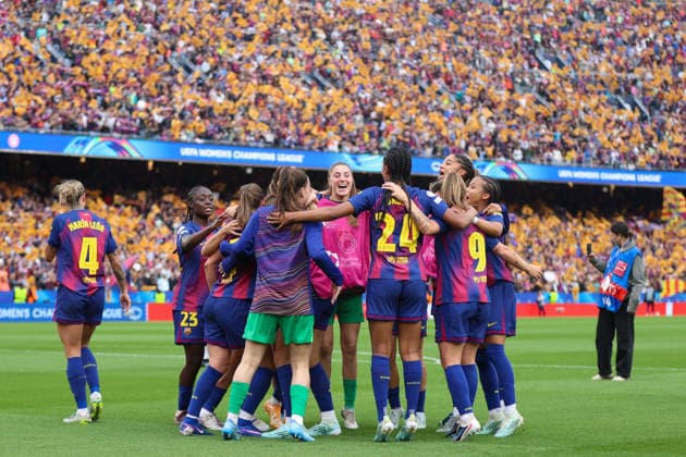 BARCELONA, SPAIN, MAY 3: FC Barcelona, Barca players celebrate after qualifying to the final during the UEFA Womens Champions League match between FC Barcelona and Bayern Munich at Spotify Camp Nou on May 3rd, 2026 in Barcelona, Spain (Photo by Alexander Canillas Sports Press Photo) Copyright: xAlexanderxCanillas SPPx Sportspressphoto_SPR141161