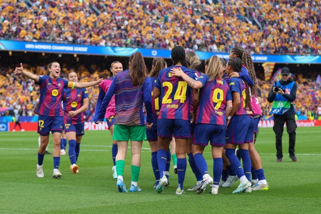BARCELONA, SPAIN, MAY 3: FC Barcelona, Barca players celebrate after qualifying to the final during the UEFA Womens Champions League match between FC Barcelona and Bayern Munich at Spotify Camp Nou on May 3rd, 2026 in Barcelona, Spain (Photo by Alexander Canillas Sports Press Photo) Copyright: xAlexanderxCanillas SPPx Sportspressphoto_SPR141163