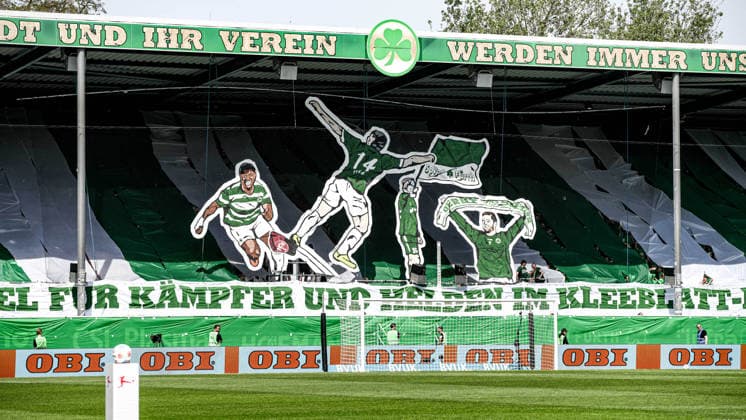 276. Frankenderby: SpVgg Greuther Fuerth vs. 1.FC Nürnberg Football, 2nd Bundesliga 276. Frankenderby: SpVgg Greuther Fuerth vs. 1.FC Nürnberg 3 May 2026 Sportpark Ronhof Thomas Sommer, Fuerth, Germany Image: The fan display from the SpVgg. DFL regulations prohibit any use of photographs as image sequences and or quasi-video Copyright: xPresseFotoxEvansx xRyanxEvansx