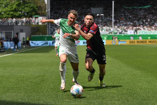 276. Frankenderby: SpVgg Greuther Fuerth vs. 1.FC Nürnberg Football, 2nd Bundesliga 276. Frankenderby: SpVgg Greuther Fuerth vs. 1.FC Nürnberg 3 May 2026 Sportpark Ronhof Thomas Sommer, Fuerth, Germany Image: (fLTR) Felix Klaus (Fürth), Berkay Yilmaz (Nürnberg) DFL regulations prohibit any use of photographs as image sequences and or quasi-video Copyright: xPresseFotoxEvansx xRyanxEvansx