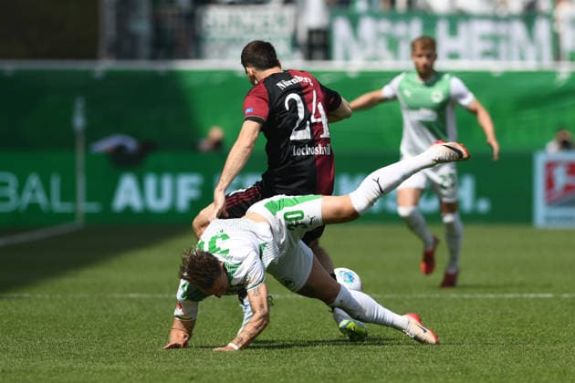 276. Frankenderby: SpVgg Greuther Fuerth vs. 1.FC Nürnberg Football, 2nd Bundesliga 276. Frankenderby: SpVgg Greuther Fuerth vs. 1.FC Nürnberg 3 May 2026 Sportpark Ronhof Thomas Sommer, Fuerth, Germany Image: (fLTR) Felix Klaus (Fürth), Luka Lochoshvili (Nürnberg) DFL regulations prohibit any use of photographs as image sequences and or quasi-video Copyright: xPresseFotoxEvansx xRyanxEvansx