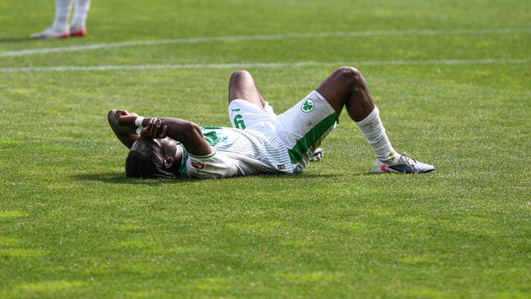 276. Frankenderby: SpVgg Greuther Fuerth vs. 1.FC Nürnberg Football, 2nd Bundesliga 276. Frankenderby: SpVgg Greuther Fuerth vs. 1.FC Nürnberg 3 May 2026 Sportpark Ronhof Thomas Sommer, Fuerth, Germany Image: Noel Futkeu (Fürth) lays on the ground after a disappointing derby result. DFL regulations prohibit any use of photographs as image sequences and or quasi-video Copyright: xPresseFotoxEvansx xRyanxEvansx