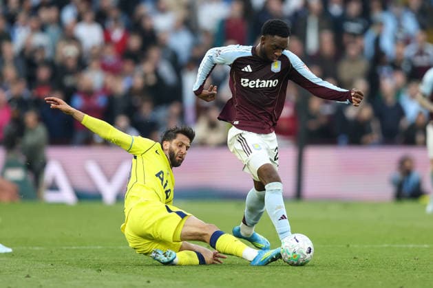 Aston Villa v Tottenham 3 May 2026, Aston - Premier League Football - Aston Villa v Tottenham Hotspur - Rodrigo Bentancur of Tottenham Hotspur tackles Lamare Bogarde of Aston Villa - Photo: Charlotte Wilson Offside. Aston UK Copyright: xCharlottexWilsonx xOffsidexOffside