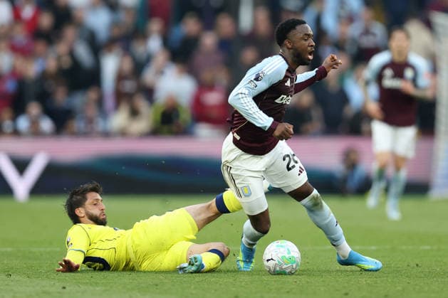 Aston Villa v Tottenham 3 May 2026, Aston - Premier League Football - Aston Villa v Tottenham Hotspur - Rodrigo Bentancur of Tottenham Hotspur tackles Lamare Bogarde of Aston Villa - Photo: Charlotte Wilson Offside. Aston UK Copyright: xCharlottexWilsonx xOffsidexOffside