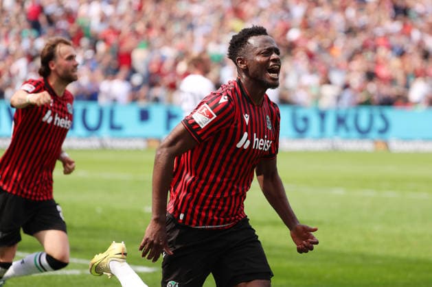 Hannover 96 vs Münster, 2. BL Hannover, 03.05.2026, Fussball - Herren, 2. BL, Saison 2025 2026, Hannover 96 vs Preußen Münster, Mustapha Bundu (Hannover96) jubelt nach seinem Tor zum 2:2 (DFL DFB REGULATIONS PROHIBIT ANY USE OF PHOTOGRAPHS as IMAGE SEQUENCES and or QUASI-VIDEO) Heinz von Heiden Arena Niedersachsen Deutschland
