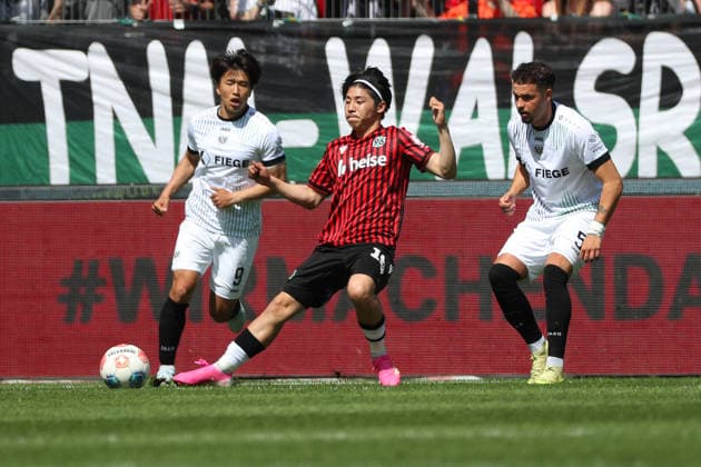 Hannover 96 vs Münster, 2. BL Hannover, 03.05.2026, Fussball - Herren, 2. BL, Saison 2025 2026, Hannover 96 vs Preußen Münster, Daisuke Yokota (Hannover 96), Yassine Bouchama (Münster) (DFL DFB REGULATIONS PROHIBIT ANY USE OF PHOTOGRAPHS as IMAGE SEQUENCES and or QUASI-VIDEO) Heinz von Heiden Arena Niedersachsen Deutschland
