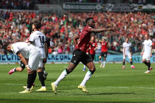 Hannover 96 vs Münster, 2. BL Hannover, 03.05.2026, Fussball - Herren, 2. BL, Saison 2025 2026, Hannover 96 vs Preußen Münster, Mustapha Bundu (Hannover96) jubelt nach seinem Tor zum 1:2 (DFL DFB REGULATIONS PROHIBIT ANY USE OF PHOTOGRAPHS as IMAGE SEQUENCES and or QUASI-VIDEO) Heinz von Heiden Arena Niedersachsen Deutschland