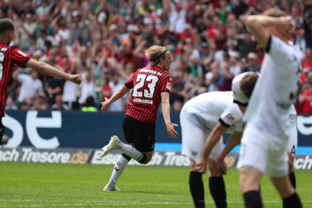Hannover 96 vs Münster, 2. BL Hannover, 03.05.2026, Fussball - Herren, 2. BL, Saison 2025 2026, Hannover 96 vs Preußen Münster, Stefan Teitur Thordarson (Hannover 96) jubelt nach seinem Tor zum 3:2 (DFL DFB REGULATIONS PROHIBIT ANY USE OF PHOTOGRAPHS as IMAGE SEQUENCES and or QUASI-VIDEO) Heinz von Heiden Arena Niedersachsen Deutschland