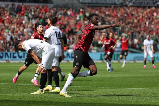 Hannover 96 vs Münster, 2. BL Hannover, 03.05.2026, Fussball - Herren, 2. BL, Saison 2025 2026, Hannover 96 vs Preußen Münster, Mustapha Bundu (Hannover96) jubelt nach seinem Tor zum 1:2 (DFL DFB REGULATIONS PROHIBIT ANY USE OF PHOTOGRAPHS as IMAGE SEQUENCES and or QUASI-VIDEO) Heinz von Heiden Arena Niedersachsen Deutschland