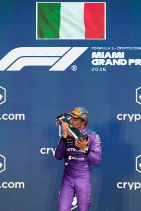 May 3, 2026, Miami, United States: Italian driver ANDREA KIMI ANTONELLI (Mercedes-AMG F1 Team) is seen on the podium after winning the F1 Miami Grand Prix at Miami International Autodrome in Miami, United States. Formula 1 2026: Miami Grand Prix - Antonelli Wins  - ZUMAg147 20260503_fap_g147_015 Copyright: xJamesxGasperottix