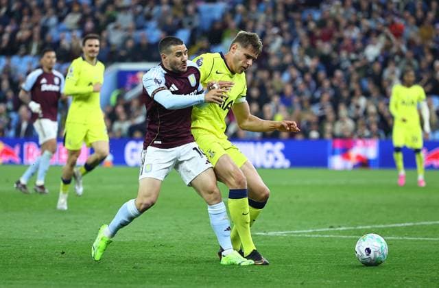 Emiliano Buendia of Aston Villa is challenged by Micky van de Ven of Tottenham Hotspur Aston Villa v Tottenham Hotspur, Premier League, Football, Villa Park, Birmingham , UK - 03 May 2026Birmingham Villa Park United Kingdom EDITORIAL USE ONLY No use with unauthorised audio, video, data, fixture lists, club league logos or live services. Online in-match use limited to 120 images, no video emulation. No use in betting, games or single club league player publications. Copyright: xMichaelxZemanek Shutterstockx 16854596bs