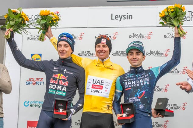 May 3, 2026, Leysin, Vaud, Switzerland: Leysin Switzerland, 05 03 2026: The final pduim of the Tour de Romandie 2026, DORIAN GODON of Deacthlon AG2R La Mondiale (Left), TADEJ POGACAR 1 (yellow jersey) of UAE Team (Milleux) and Florian Lipowitz FLORIAN LIPOWITZ of RedBull Bora) (Right) during Tour de Romandie 2026. Tour de Romandie 2026. The 5th and final stage of the Tour de Romandie between Lucens and Leysin and took place in City center in Leysin. Cycling 2026: Tour De Romandie  - ZUMAd206 20260503_zip_d206_014 Copyright: xEricxDubostx