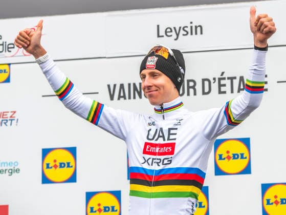 May 3, 2026, Leysin, Vaud, Switzerland: Leysin Switzerland, 05 03 2026: TADEJ POGACAR 1 (UCI world champion s outfit) of UAE Team Won the 5th stage of the Tour de Romandie 2026. Tour de Romandie 2026. The 5th and final stage of the Tour de Romandie between Lucens and Leysin and took place in City center in Leysin. Leysin Switzerland - ZUMAd206 20260503_zip_d206_010 Copyright: xEricxDubostx