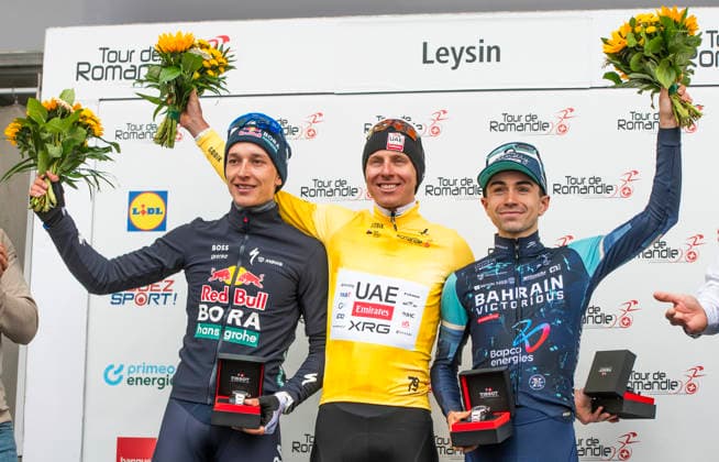 May 3, 2026, Leysin, Vaud, Switzerland: Leysin Switzerland, 05 03 2026: The final pduim of the Tour de Romandie 2026, DORIAN GODON of Deacthlon AG2R La Mondiale (Left), TADEJ POGACAR 1 (yellow jersey) of UAE Team (Milleux) and Florian Lipowitz FLORIAN LIPOWITZ of RedBull Bora) (Right) during Tour de Romandie 2026. Tour de Romandie 2026. The 5th and final stage of the Tour de Romandie between Lucens and Leysin and took place in City center in Leysin. Leysin Switzerland - ZUMAd206 20260503_zip_d206_011 Copyright: xEricxDubostx