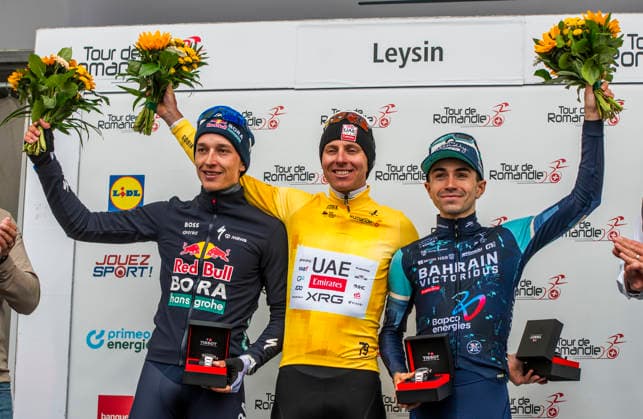 May 3, 2026, Leysin, Vaud, Switzerland: Leysin Switzerland, 05 03 2026: The final pduim of the Tour de Romandie 2026, DORIAN GODON of Deacthlon AG2R La Mondiale (Left), TADEJ POGACAR 1 (yellow jersey) of UAE Team (Milleux) and Florian Lipowitz FLORIAN LIPOWITZ of RedBull Bora) (Right) during Tour de Romandie 2026. Tour de Romandie 2026. The 5th and final stage of the Tour de Romandie between Lucens and Leysin and took place in City center in Leysin. Leysin Switzerland - ZUMAd206 20260503_zip_d206_015 Copyright: xEricxDubostx