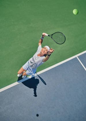 Tennis serve, and woman on outdoor court, fitness motivation and competition with athlete training for game. Workout, healthy and player on turf, active with exercise and sports action top view. (License=RF) 19845934 ,model released, Symbolfoto  Copyright: xZoonar.com YurixArcursxpeopleimages.comx 19845934 ,model released, Symbolfoto ,property released
