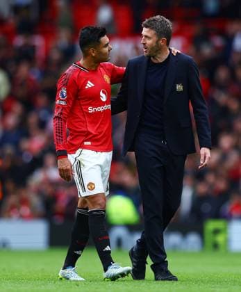 Manchester United, ManU caretaker manager Michael Carrick with Casemiro at the end of the match Manchester United v Liverpool, Premier League, Football, Old Trafford, Manchester , UK - 03 May 2026Manchester Old Trafford United Kingdom EDITORIAL USE ONLY No use with unauthorised audio, video, data, fixture lists, club league logos or live services. Online in-match use limited to 120 images, no video emulation. No use in betting, games or single club league player publications.  Copyright: xMattxWest Shutterstockx 16854589cy