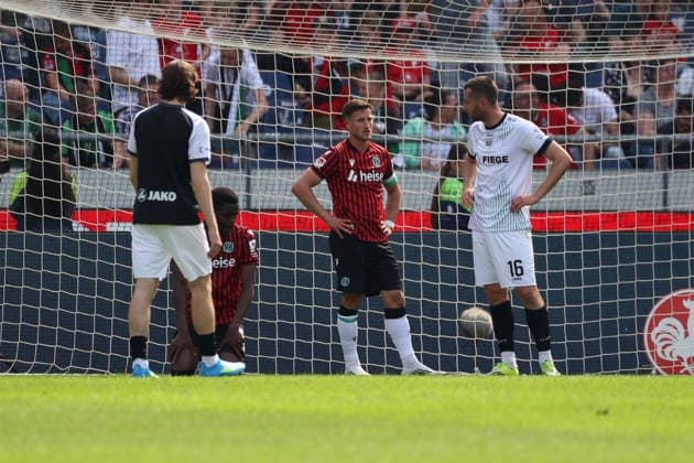 Hannover 96 vs Münster, 2. BL Hannover, 03.05.2026, Fussball - Herren, 2. BL, Saison 2025 2026, Hannover 96 vs Preußen Münster, Spielende, Enzo Leopold (Hannover 96), Torge Paetow (Münster) (DFL DFB REGULATIONS PROHIBIT ANY USE OF PHOTOGRAPHS as IMAGE SEQUENCES and or QUASI-VIDEO) Heinz von Heiden Arena Niedersachsen Deutschland