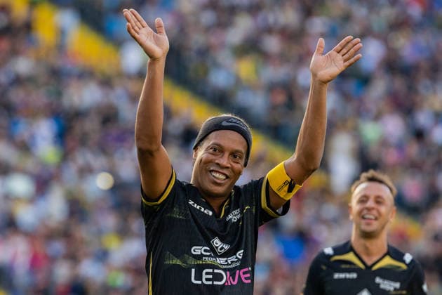 Galacticos Show Poland 2026 friendly match in Chorzow, Poland Ronaldinho Gaucho celebrates a goal during the Galacticos Show Poland 2026 match between Gladiator Team and Samurai Team at Superauto.pl Silesian Stadium. Copyright: xMikolajxBarbanellx