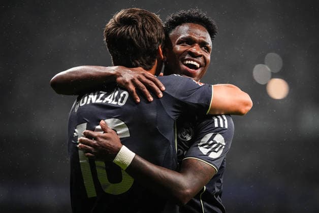 May 3, 2026, Barcelona, Spain, Spain: Vinicius Junior (Jr) of Real Madrid celebrate his goal with Gonzalo GARCIA of Real Madrid during the LaLiga match between RCD Espanyol de Barcelona and Real Madrid CF at RCDE Stadium on May 03, 2026 in Barcelona, Spain. Barcelona Spain - ZUMAm308 20260503_zsp_m308_055 Copyright: xMatthieuxMirvillex