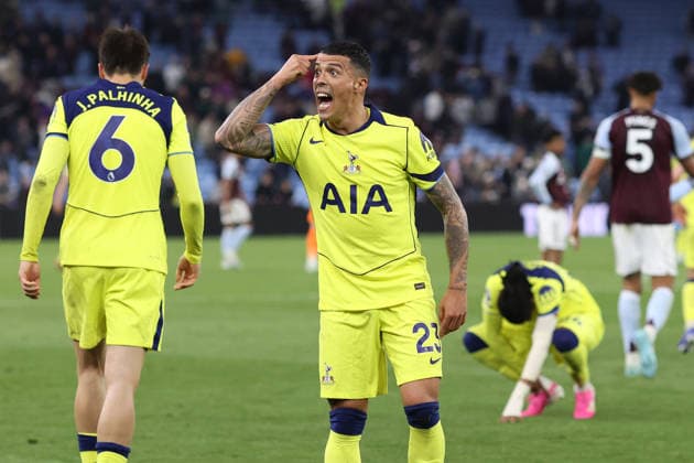 Aston Villa v Tottenham 3 May 2026, Aston - Premier League Football - Aston Villa v Tottenham Hotspur - Pedro Porro of Tottenham Hotspur celebrates their victory - Photo: Charlotte Wilson Offside. Aston UK Copyright: xCharlottexWilsonx xOffsidexOffside