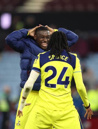 Aston Villa v Tottenham 3 May 2026, Aston - Premier League Football - Aston Villa v Tottenham Hotspur - andal Kolo Muani of Tottenham Hotspur celebrates their victory with Djed Spence - Photo: Charlotte Wilson Offside. Aston UK Copyright: xCharlottexWilsonx xOffsidexOffside