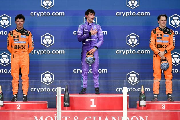 Miami, Florida, USA - May 3, 2026: Andrea Kimi Antonelli of Italy and Mercedes-AMG PETRONAS F1 Team (C), Lando Norris of Great Britain and McLaren Mastercard Formula 1 Team (L) and Oscar Piastri of Australia and McLaren Mastercard Formula 1 Team (R) on podium after winning the Formula 1 2026 Miami Grand Prix at Hard Rock Stadium in Miami, FL, USA  Copyright: xRichardxCallis SportsxPressxPhotox Sportspressphoto_SPR141599