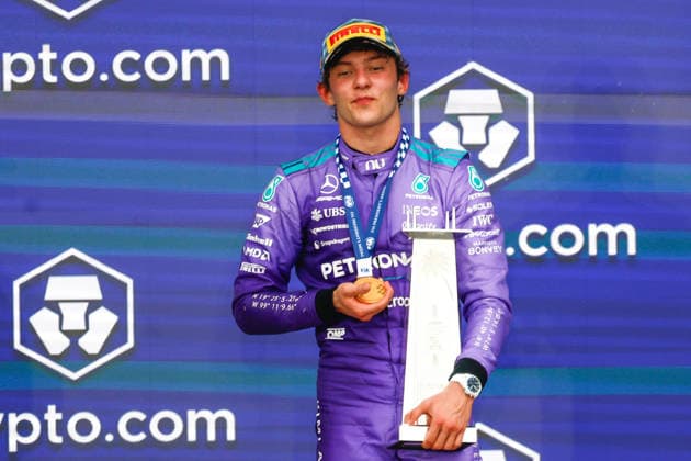 MIAMI GARDENS, FL - MAY 03: Kimi Antonelli of Italy and driver of the (12) Mercedes-AMG PETRONAS Formula One Team race car celebrates a win after the Formula 1 Crypto.com Miami Grand Prix on May 3, 2026, at Miami International Autodrome in Miami Gardens, FL.(Photo by Chris Arjoon Icon Sportswire) AUTO: MAY 03 F1 Miami Grand Prix EDITORIAL USE ONLY Icon2605030010011