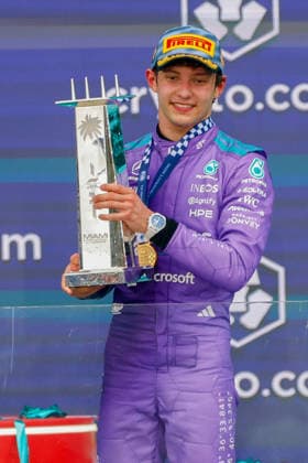 MIAMI GARDENS, FL - MAY 03: Kimi Antonelli of Italy and driver of the (12) Mercedes-AMG PETRONAS Formula One Team race car celebrates a win after the Formula 1 Crypto.com Miami Grand Prix on May 3, 2026, at Miami International Autodrome in Miami Gardens, FL.(Photo by Chris Arjoon Icon Sportswire) AUTO: MAY 03 F1 Miami Grand Prix EDITORIAL USE ONLY Icon2605030010015