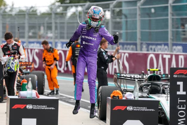 MIAMI GARDENS, FL - MAY 03: Kimi Antonelli (12) of Italy and Mercedes-AMG PETRONAS Formula One Team leaps off his car after winning the Formula 1 Crypto.com Grand Prix on May 3, 2026, at Miami International Autodrome in Miami Gardens, Florida. (Photo by David Buono Icon Sportswire) AUTO: MAY 03 F1 Miami Grand Prix EDITORIAL USE ONLY Icon2605030221