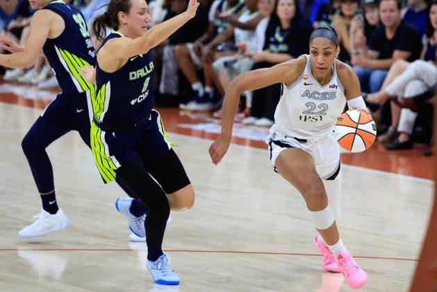 AUSTIN, TX - MAY 03: Las Vegas Aces center A ja Wilson 22 dribbles past Dallas Wings forward Alanna Smith 8 during the game on May 03, 2026, at the Moody Center in Austin, TX. (Photo by Adam Davis Icon Sportswire) WNBA, Basketball Damen, USA MAY 03 Preseason Las Vegas Aces vs Dallas Wings EDITORIAL USE ONLY Icon260503414