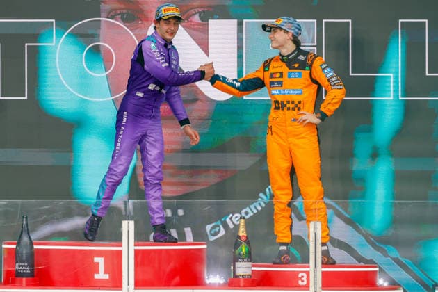 MIAMI GARDENS, FL - MAY 03: Kimi Antonelli of Italy and driver of the (12) Mercedes-AMG PETRONAS Formula One Team race car celebrates with Oscar Piastri of Australia and driver of the (81) McLaren Mastercard F1 Team race car after the Formula 1 Crypto.com Miami Grand Prix on May 3, 2026, at Miami International Autodrome in Miami Gardens, FL.(Photo by Chris Arjoon Icon Sportswire) AUTO: MAY 03 F1 Miami Grand Prix EDITORIAL USE ONLY Icon2605030010006