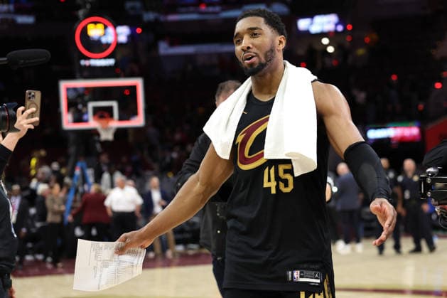 Cleveland Cavaliers Donovan Micthell (45) walks off the court after defeating the Toronto Raptors 114-102 in Cleveland, Ohio Sunday May 3, 2026.  CLE20260503118 AARONxJOSEFCZYK