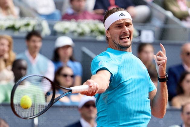 (260504) -- MADRID, May 4, 2026 -- Alexander Zverev hits a return during the men s singles final between Jannick Sinner of Italy and Alexander Zverev of Germany at the 2026 Madrid Open tennis tournament in Madrid, Spain, May 3, 2026. ) (SP)SPAIN-MADRID-TENNIS-MADRID OPEN-MEN S SINGLES-FINAL MengxDingbo 