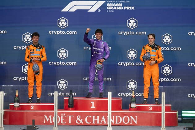 03.05.2026, xrarjax, Motorsport FIA Formel 1, Grand Prix von Miami 2026 v.l. Andrea Kimi Antonelli (Mercedes AMG Petronas) Startnummer 12 Jubel, Freude über den Sieg auf dem Podium Siegerehrung mit Lando Norris (McLaren) Startnummer 01 Oscar Piastri (McLaren) Startnummer 81 (FIA REGULATIONS PROHIBIT ANY USE OF PHOTOGRAPHS as IMAGE SEQUENCES and or QUASI-VIDEO) Miami