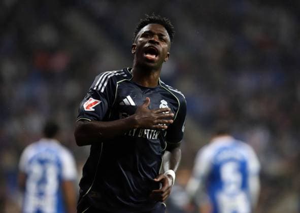 May 3, 2026, Sabadell, Barcelona, Spain: Barcelona Spain 03.05.2026 Vinicius Jr ( Real Madrid ) celebrates after scoring his team s second goal during the La Liga EA Sports between Espanyol and Real Madrid at RCDE Stadium on 03 May 2026 in Barcelona. Soccer 2026 LaLiga: Espanyol 0-2 Real Madrid  - ZUMAu50_ 20260503_zsp_u50_049 Copyright: xXavixUrgelesx