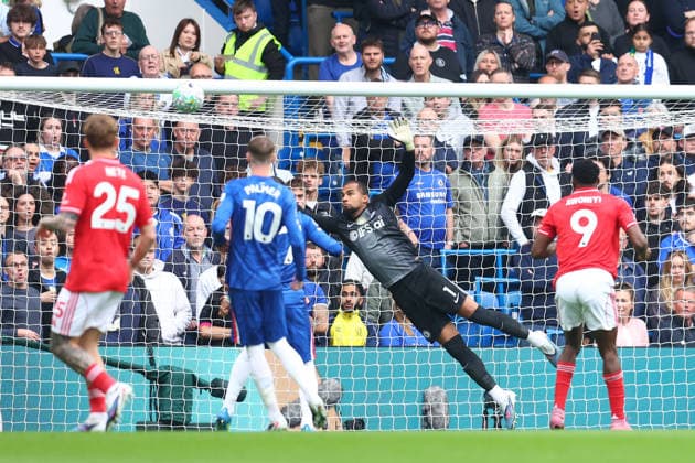 London, England, 4th May 2026. Taiwo Awoniyi of Nottingham Forest scores to make it 1-0 as Robert Sanchez of Chelsea dives but fails to save the shot during the Chelsea vs Nottingham Forest Premier League match at Stamford Bridge, London. Picture credit should read: Paul Terry Sportimage EDITORIAL USE ONLY. No use with unauthorised audio, video, data, fixture lists, club league logos or live services. Online in-match use limited to 120 images, no video emulation. No use in betting, games or single club league player publications. SPI_009_PT_Chelsea_Notts_Forest SPI-4780-0009