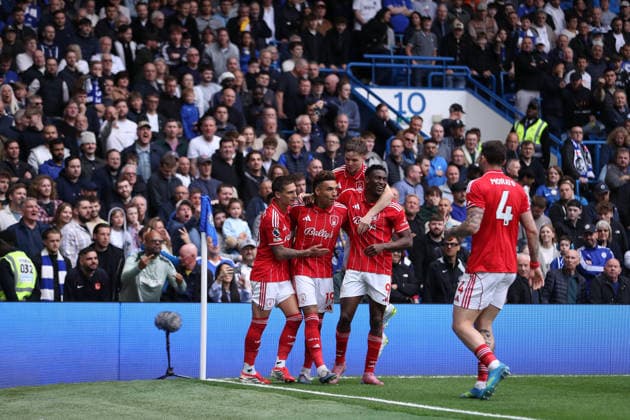 4th May 2026; Stamford Bridge, Chelsea, London, England: Premier League Football, Chelsea versus Nottingham Forest; Igor Jesus of Nottingham Forest celebrates his goal from a penalty kick in the 15th minute for 0-2 KatiexChan