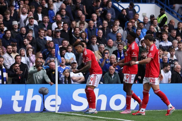 4th May 2026; Stamford Bridge, Chelsea, London, England: Premier League Football, Chelsea versus Nottingham Forest; Igor Jesus of Nottingham Forest celebrates his goal from a penalty kick in the 15th minute for 0-2 KatiexChan