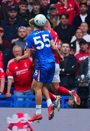 Jesse Derry of Chelsea collides with Zach Abbott of Nottingham Forest Chelsea v Nottingham Forest, Premier League, Football, Stamford Bridge, London , UK - 04 May 2026London Stamford Bridge United Kingdom EDITORIAL USE ONLY No use with unauthorised audio, video, data, fixture lists, club league logos or live services. Online in-match use limited to 120 images, no video emulation. No use in betting, games or single club league player publications. Copyright: xJavierxGarcia Shutterstockx 16854610ag